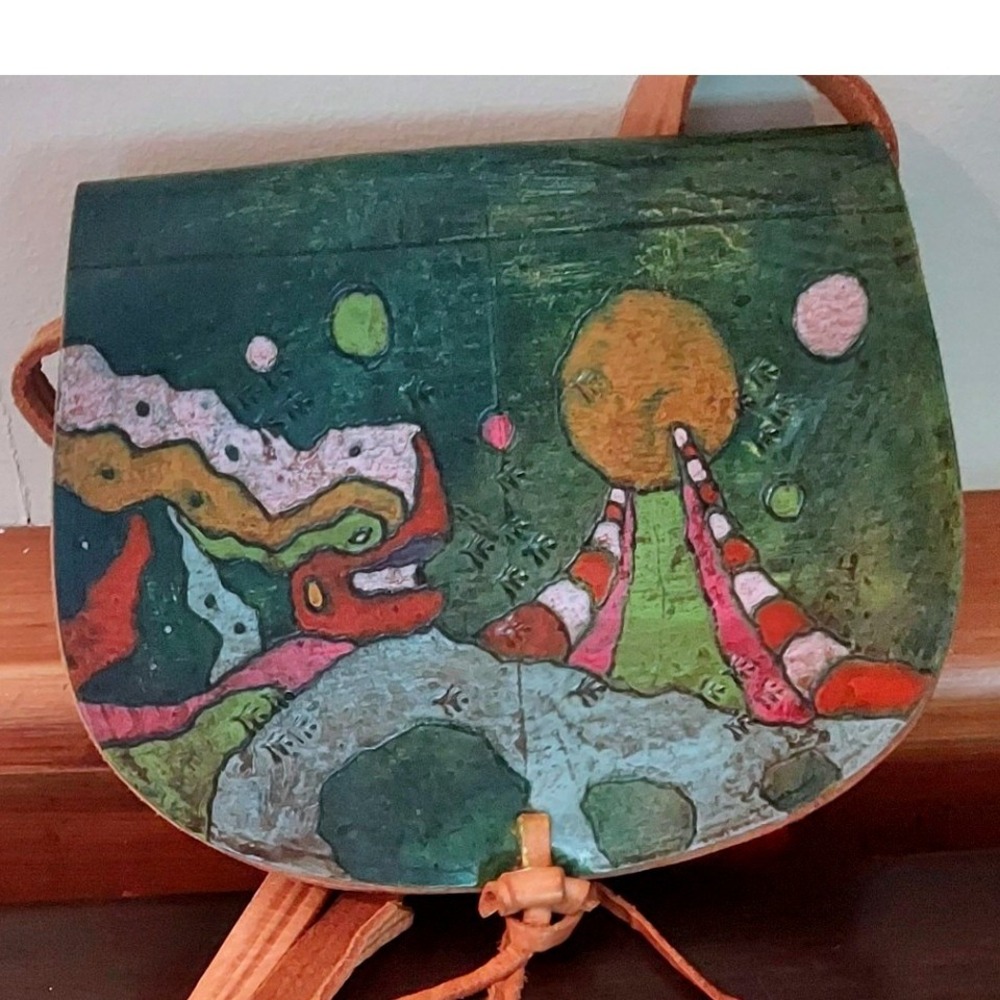 Hand Painted Indie Leather Crossbody Bag Artisan Surrealist Landscape Green Tan - Picture 2 of 5